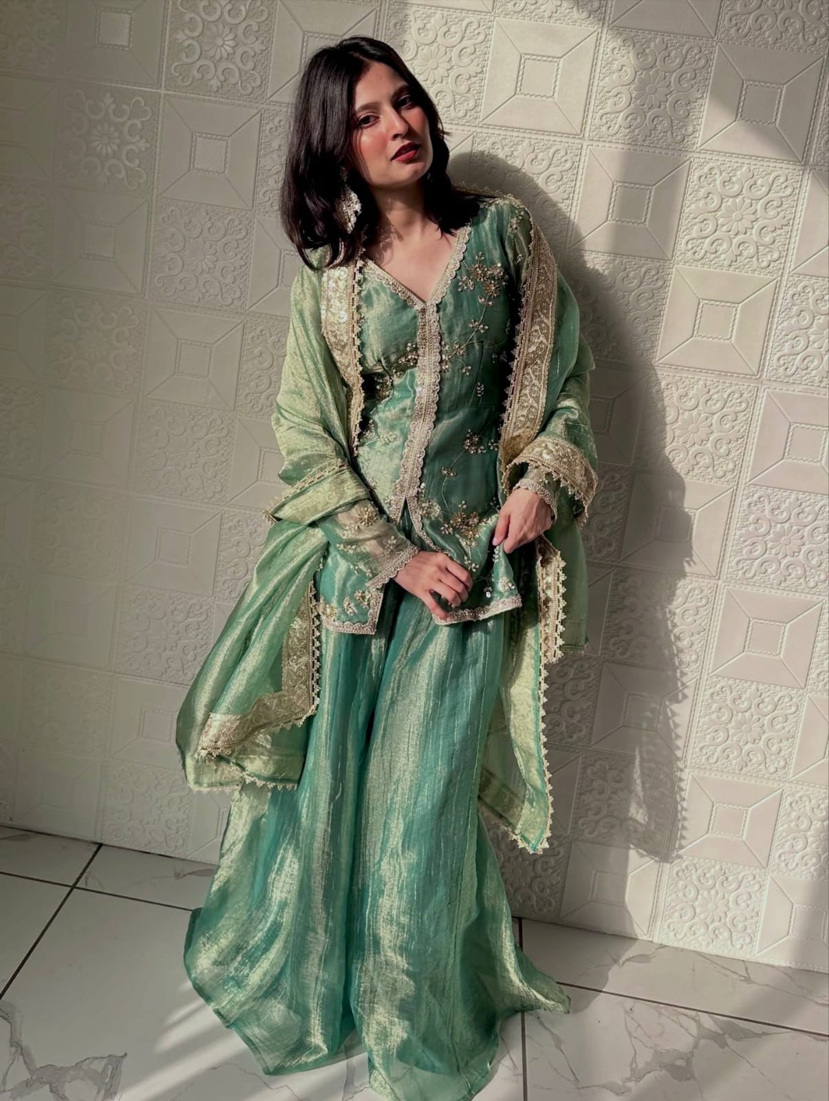 Elegant Embroidered Mint Green Suit Set