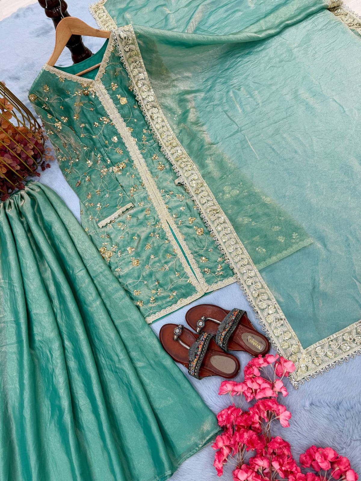 Elegant Embroidered Mint Green Suit Set